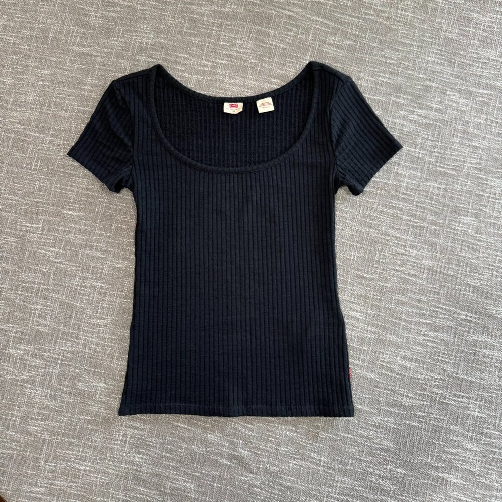 NWOT Levi's Bodega Open Neck Stretch Ribbed Short Sleeve Shirt, Black, Size XS